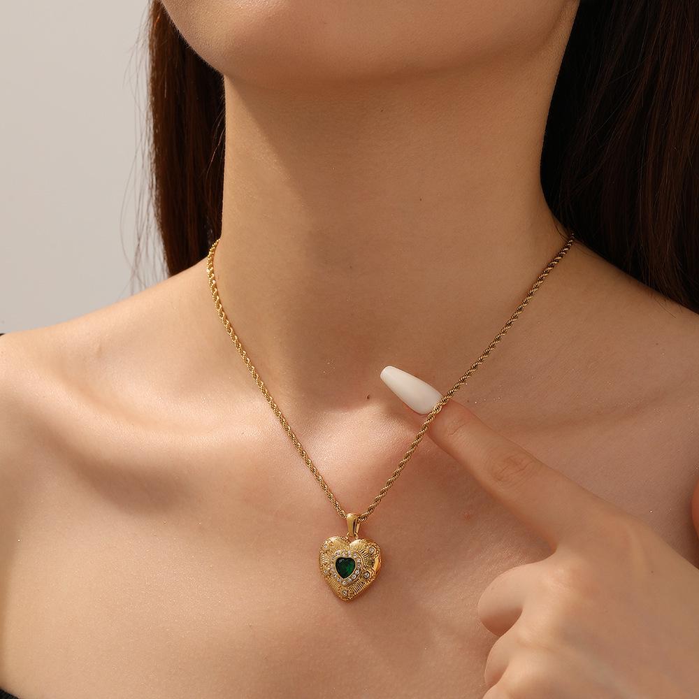 18K Gold Zircon & Green Diamond Heart Pendant Necklace with Twist Chain.