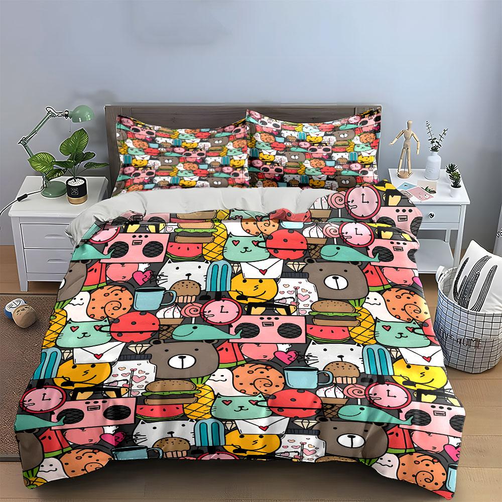 Cute Cartoon Animals Pattern Bedding Duvet Cover Set (1*Duvet Cover 2*Pillowcases, Without Duvet Insert)