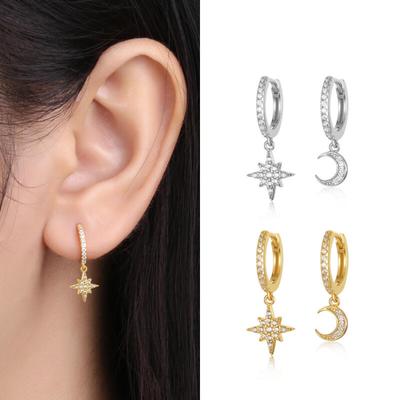 Cavus 925 Silver Shining Moon Star Earrings