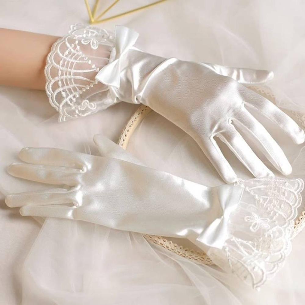 Lace Mesh Wedding Gloves Bow Pearl Chiffon Gloves Vintage Wedding Accessories  Prom Cosplay