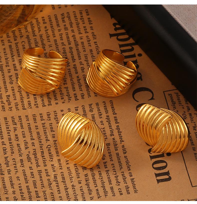 18K Gold Plated Titanium Steel Textured Earrings and Ring Set for Women