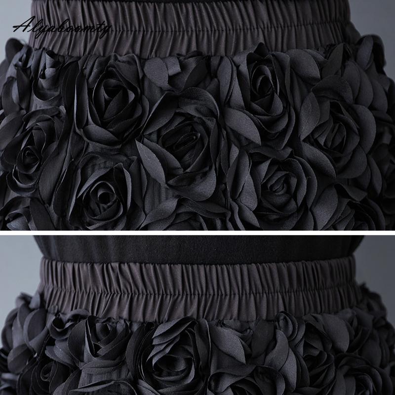 Übergröße Koreanische Mode Frühling Herbst Damen Schwarzer Rock Hohe Taille Rose Midi-Rock Elegant Feminin Party Ballkleid Röcke Mit Taschen