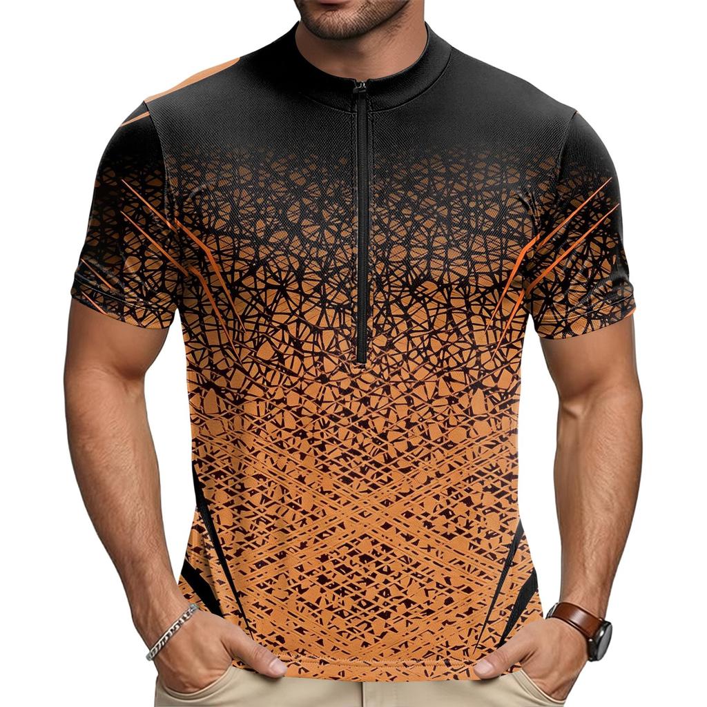 Men Crew Neck Printed Zip Short Sleeve Cycling Jersey Breathable Quick Dry Fabric Lightweight Sportswear Top