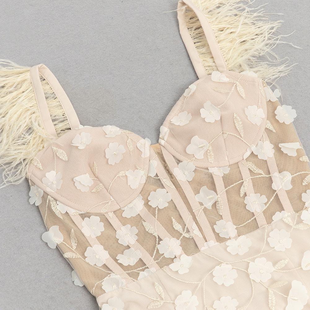 Elegant European & American Lace Fishtail Evening Dress with Feather Strap - Slim Fit, Sophisticated Socialite Style.