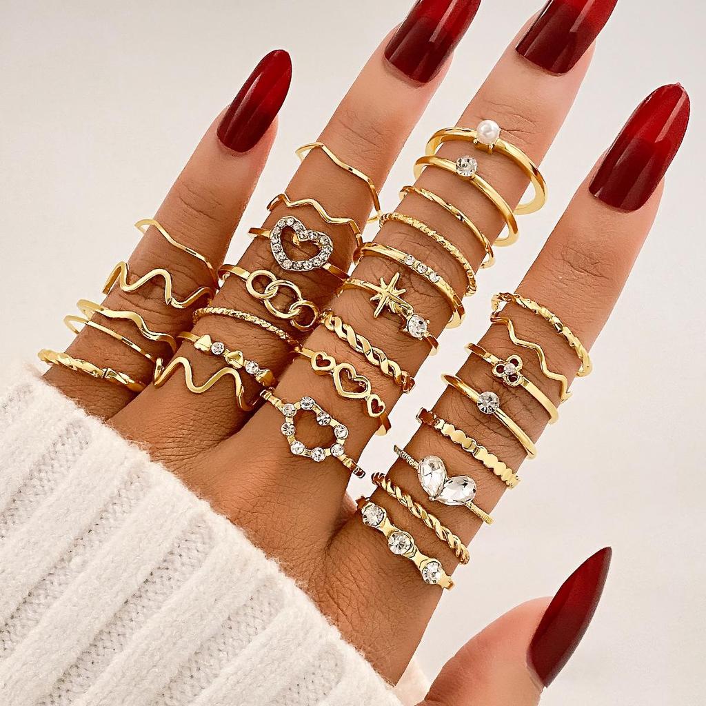 23-Piece Set: Black Butterfly Diamond & Pearl Knuckle Rings for Women
