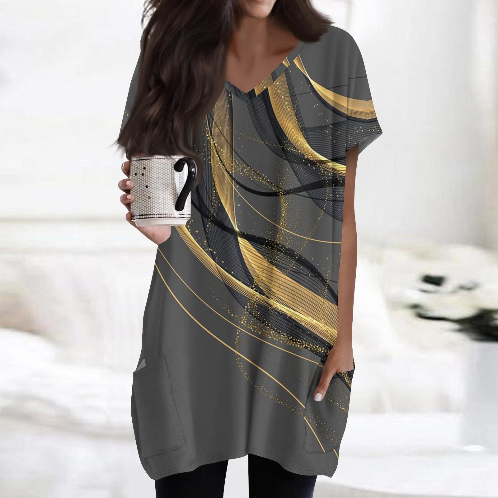 

Женские топы с V-образным вырезом, блузки с коротким рукавом, повседневные рубашки средней длины, модные туники с принтом и карманами M