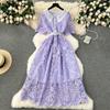 French Dress Female 2024 New Arrival Sweet Contrast-Color Doll Collar Breasted Silm Mid Length Long Length Lace Formal Dress