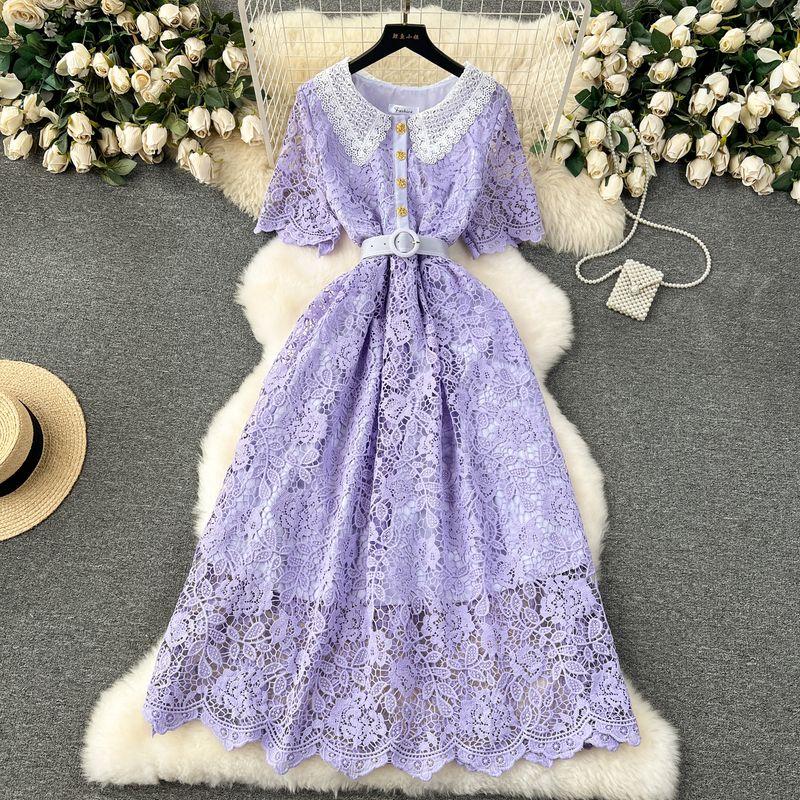 French Dress Female 2024 New Arrival Sweet Contrast-Color Doll Collar Breasted Silm Mid Length Long Length Lace Formal Dress