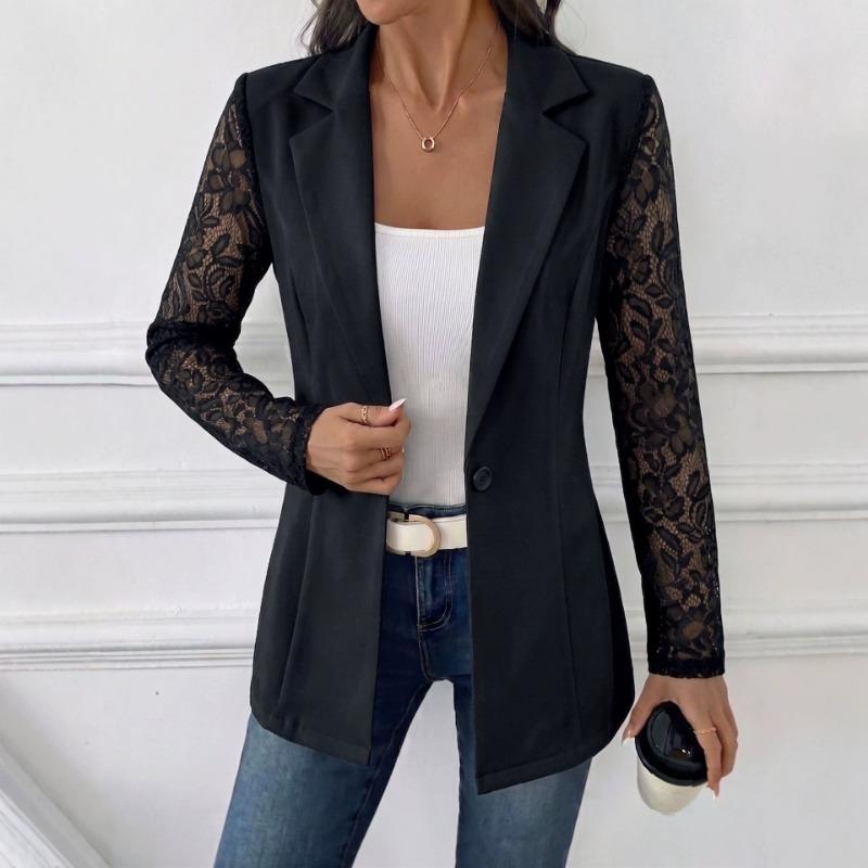 Women Fashion Solid Lace Long Sleeve One Button Lapel Slim Blazer Coat