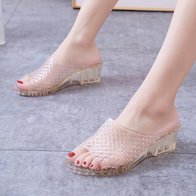 Women's Summer Crystal Wedge Slippers - Non-slip, Odor-proof, Thick Sole Transparent Sandals for Outdoor Wear