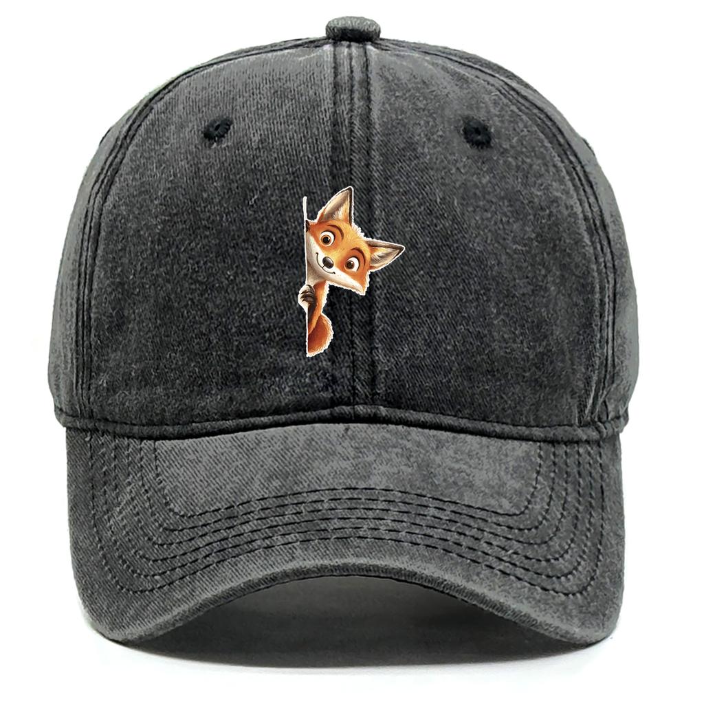 Cute Fox Print Snapback Sun Hat Big-eyed Fox Baseball Hat Washed Cotton Stylish Adjustable Baseball Cap Ideal Choice For Gifts