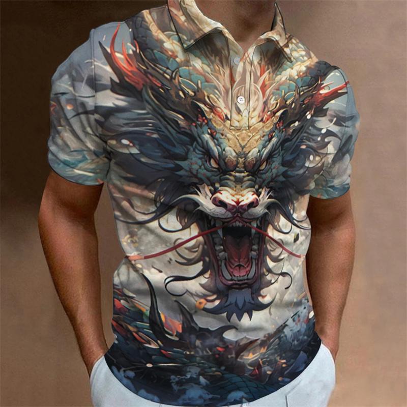 Dragon Pattern Polo Shirt for Men Animal 3D Printed T-Shirts Outdoor Fashion Casual Loose Oversized Street Lapel Top Button Tees