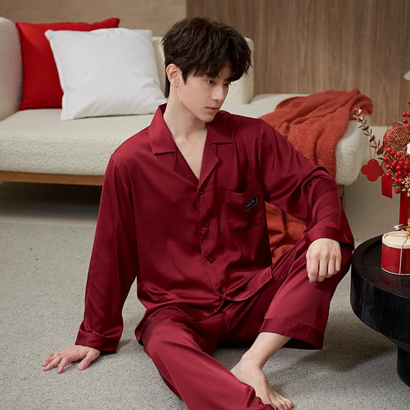 Couple pajamas wedding newlyweds spring and summer ice silk long sleeves simulation silk natal year red loungewear men's suit