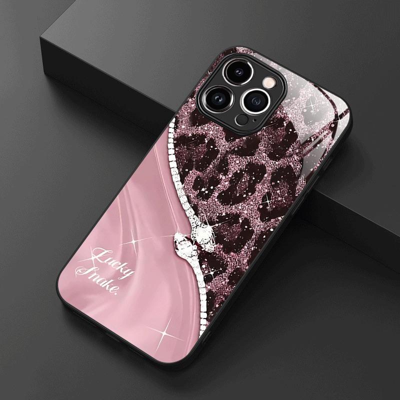 Leopard Print Rhinestone Snake Pattern Glass Phone Case For iPhone 16 17 Pro Max 11 12 13 14 15 17Air 16E 7 8 Plus XR XS X Cover
