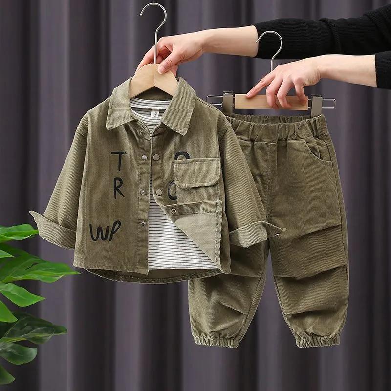 Conjuntos de 2 Piezas para Niños Moda Estilo Coreano Infantil Pana Chaquetas de Manga Larga para Niños y Pantalones Jogger Casuales Holgados Primavera Otoño