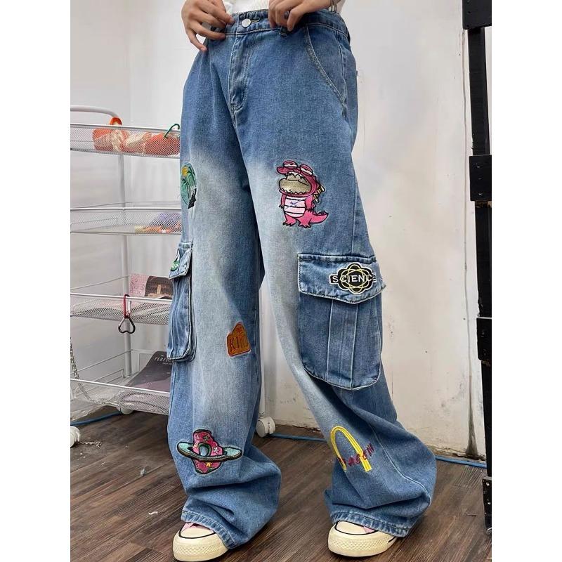 

Женские джинсы с вышивкой из мультфильма, брюки с клапаном и карманом, свободные прямые джинсовые брюки y2k, уличная модная повседневная одежда