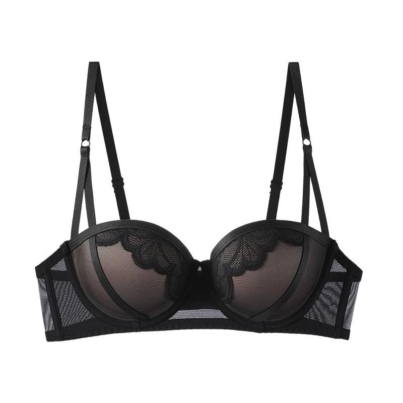 

Elegant Black Balconette Bra With Sheer Mesh Lace Overlay And Detachable Straps S телесный