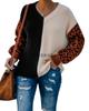 Temperament Commuter Splicing V-Neck Knitted Sweater Women's Loose Medium Thin Leopard Print Pullover Long Sleeve Single Top