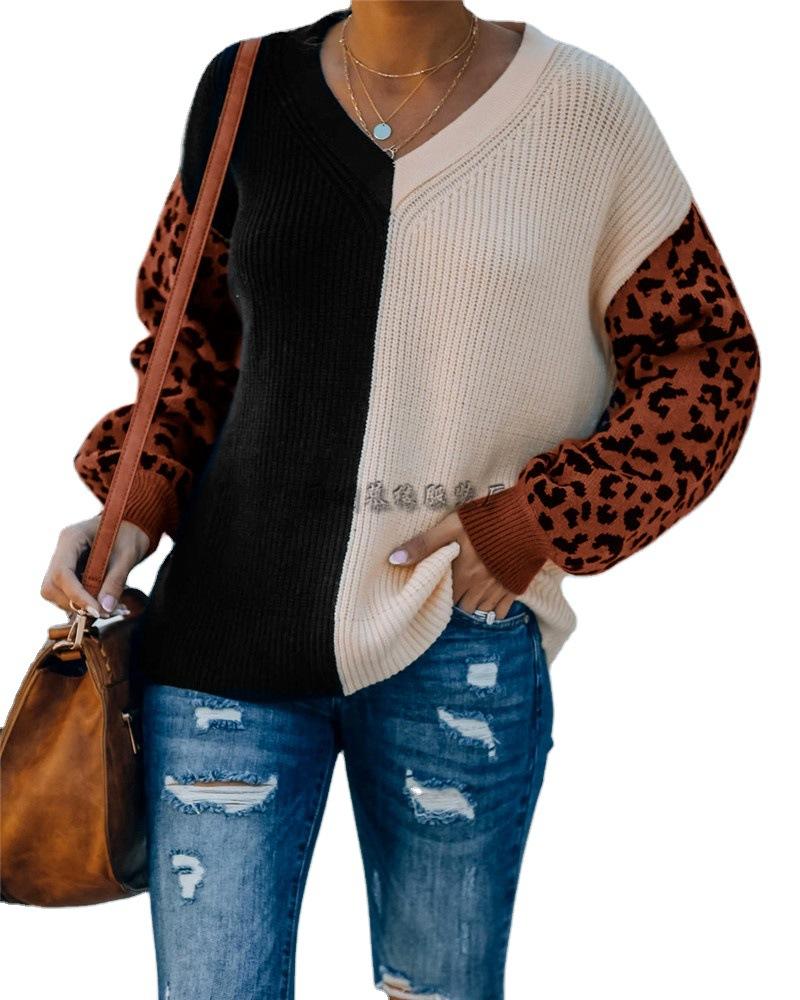 Temperament Commuter Splicing V-Neck Knitted Sweater Women's Loose Medium Thin Leopard Print Pullover Long Sleeve Single Top