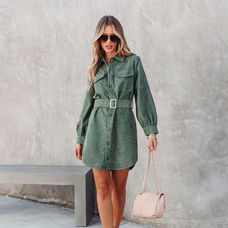 Rochii de velur pentru femei, cu un singur piept, cu nasturi, maneci lungi, guler răsturnat, curea de culoare uni, buzunare mozabile, rochie cămașă subțire