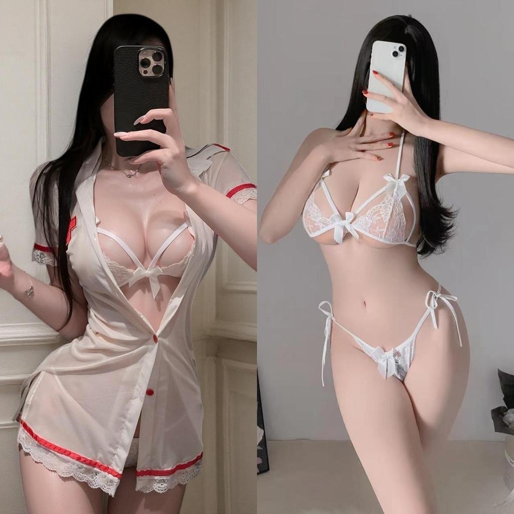 Manbaisha Sexy Sheer Deep V Lace Cosplay Nurse Uniform Set