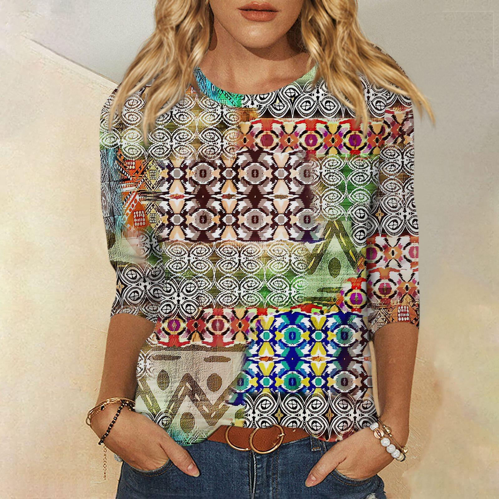 

Рубашки с рукавом 3/4 для женщин, футболки с графическим принтом, блузки, повседневные базовые топы, пуловеры M разноцветный