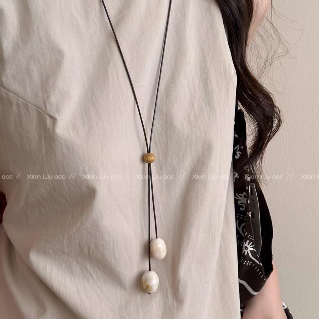 Green Wooden Round Bead Long Necklace Pendant Rope Women's Mori Retro Design Sweater Chain Niche Neck Accessories