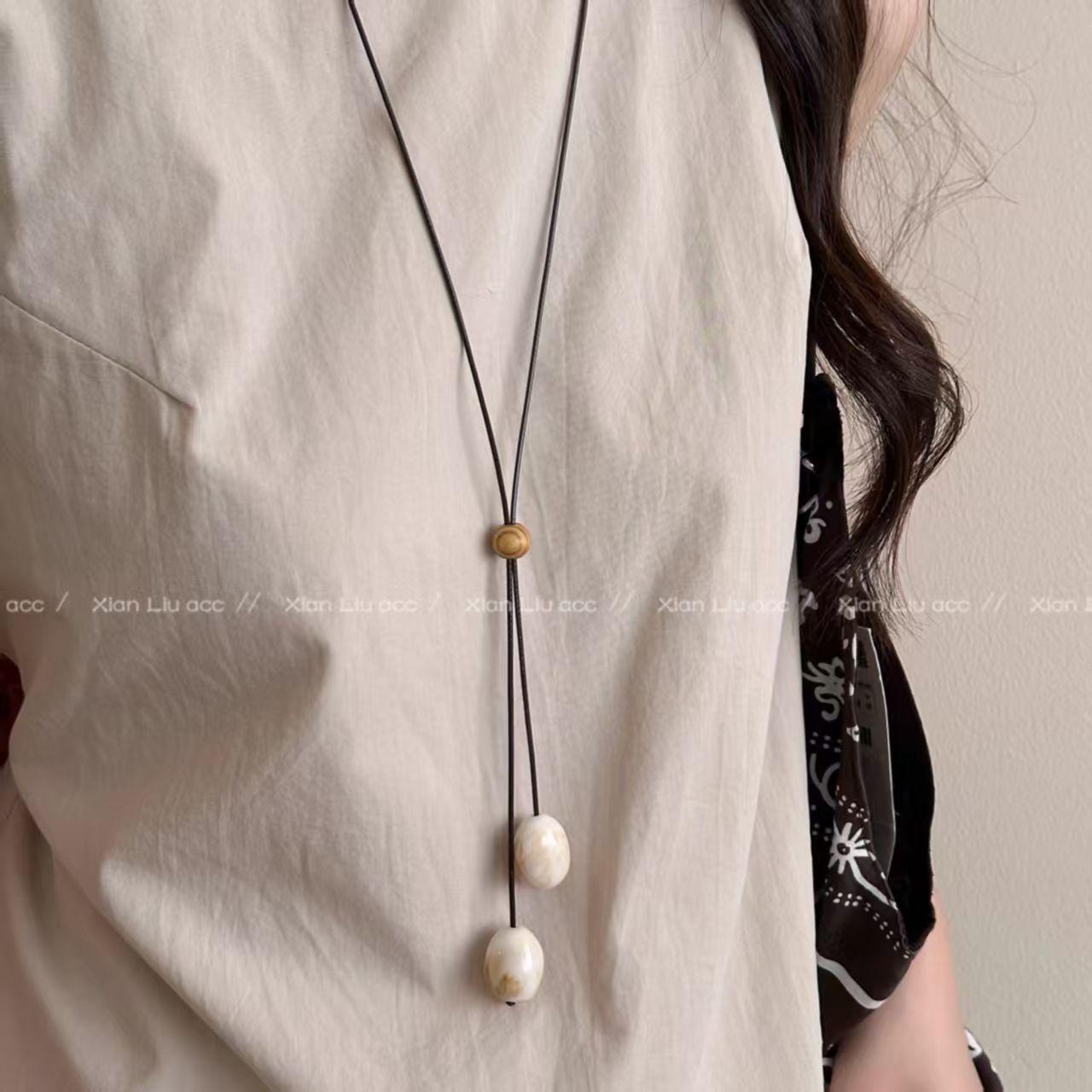 Зеленая деревянная круглая бусина длинное ожерелье подвеска веревка женская Mori ретро дизайн цепочка для свитера нишевые аксессуары для шеи