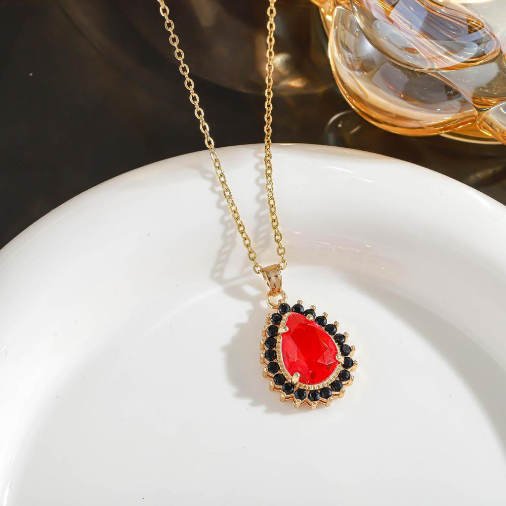 Colorful Crystal Water Drop Necklace with Zircon Inlay and 18K Gold-Plated Clavicle Chain