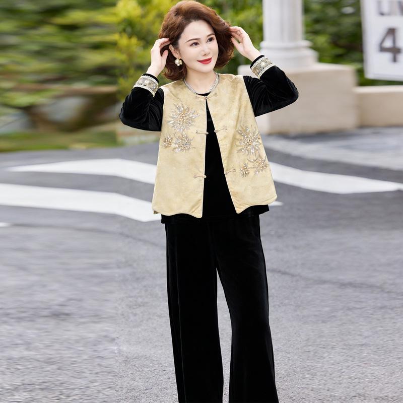 

Elegant 2026 Spring Suit: Chinese Style Three-Piece Set for Middle-Aged and Elderly Women 4XL