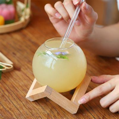Drink Cup Cocktail Mug Ronud Ball Glass Cup with Wood Stand Straw Wine Cocktail Glass Cup Creative Drinking Glassware