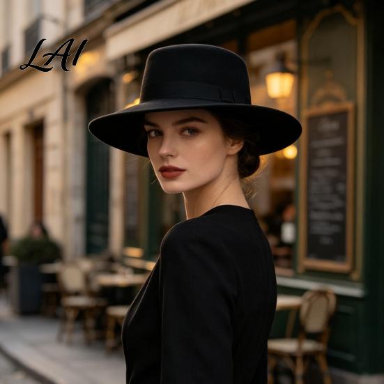 Polyester Warm Winter Cap Flat Top Fedora Hat Wool Blend Derby Cap Retro Jazz Elegant Headwear Wide Brim Felt Hat for Women Events & Daily