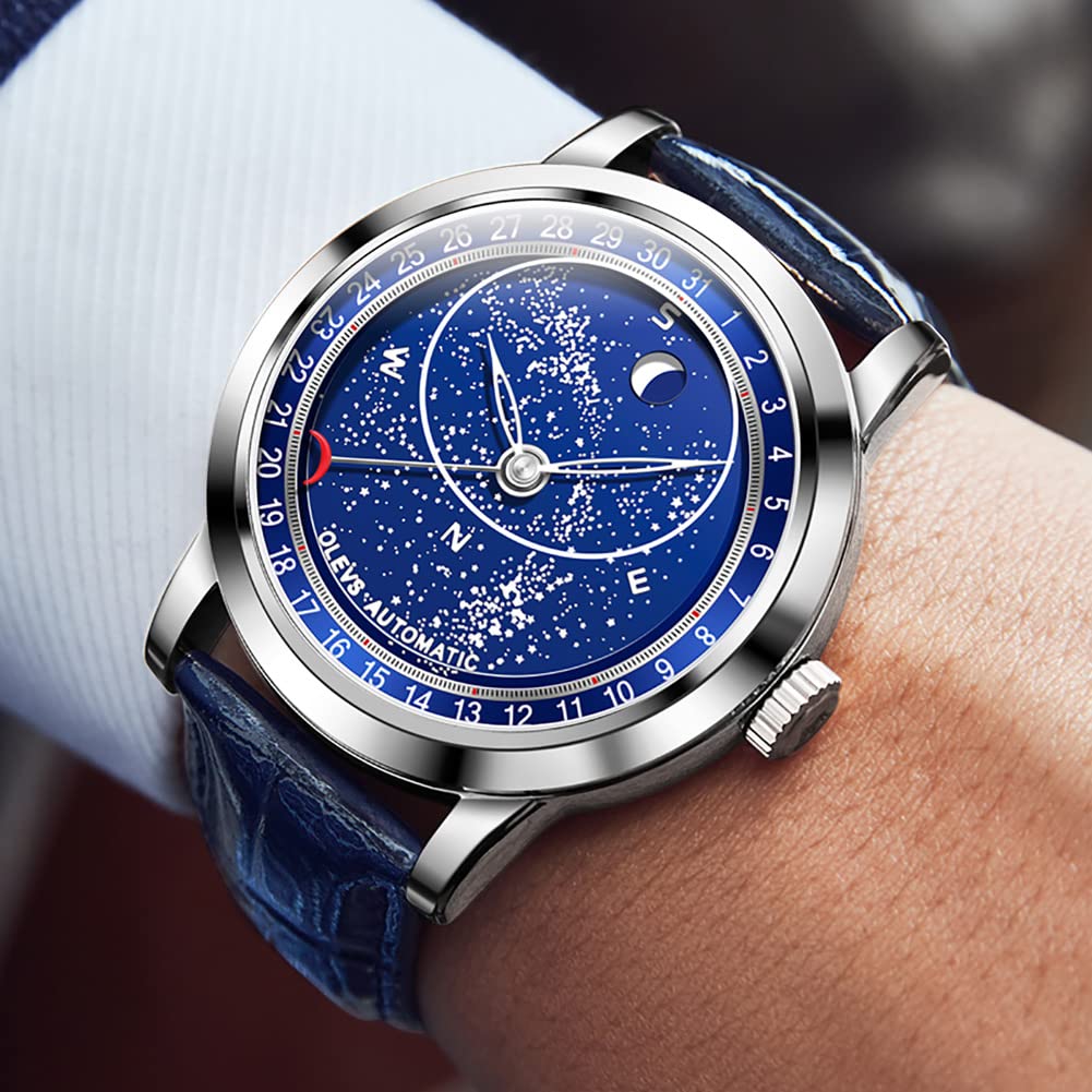 OLEVS Men's Cool Starry Sky Automatic Watch with Luxury Leather Strap, Skeleton Design, Waterproof, Blue…