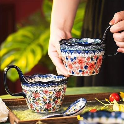 1 szt. Elegancki Ręcznie Malowany Ceramiczny Kubek Kwiatowy z Uchem - Bezpieczny do Mikrofali, Izolowany do Gorących i Zimnych Napojów