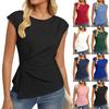 Women's Casual Top Monochrome Pleated Top Round Neck Short Sleeved Shirt