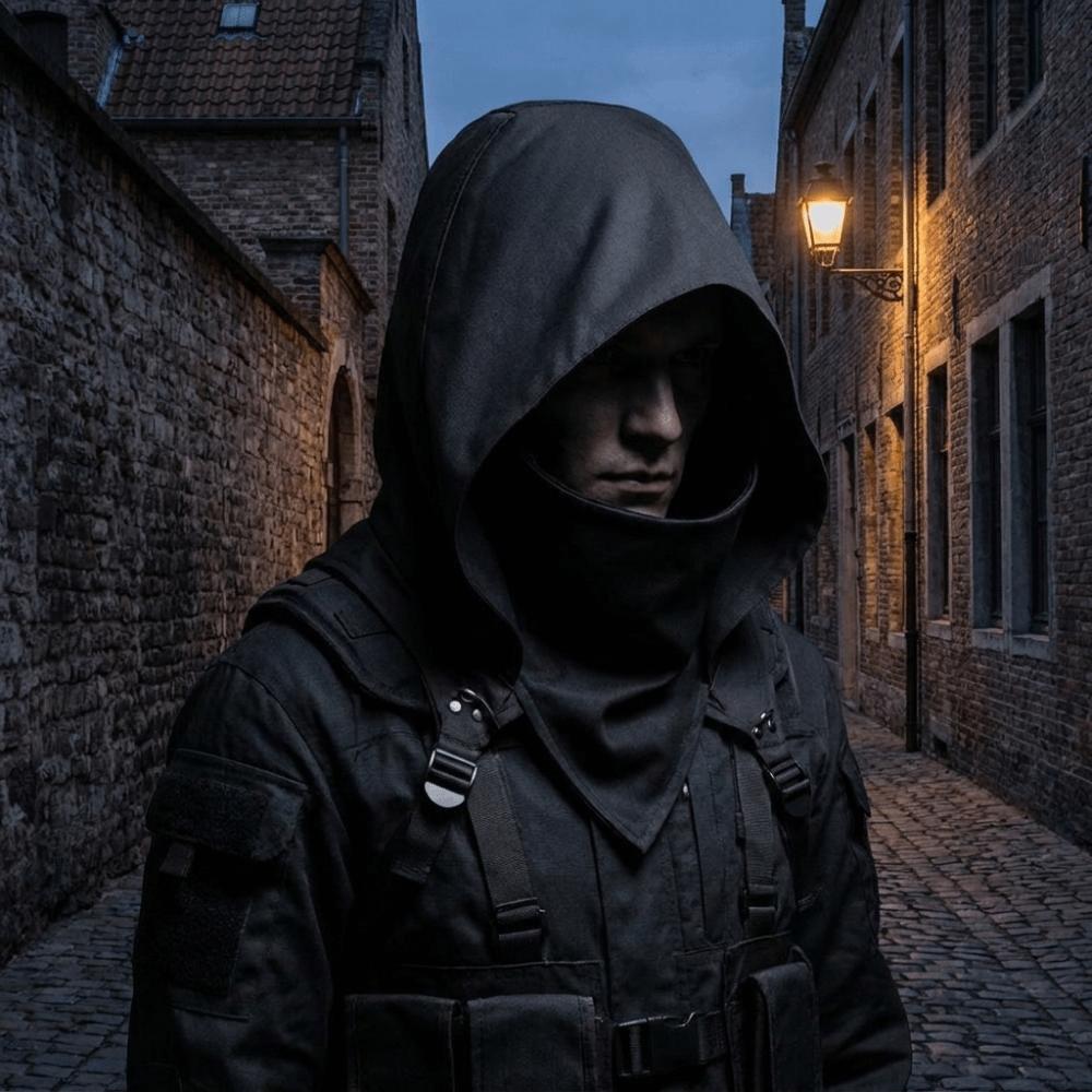 Kapuzenstyle Mittelalterliche Kapuzenmantel-Hut Rollenspiel Cyberpunk-Attentäter Cosplay Umhang Schal Fotoshooting