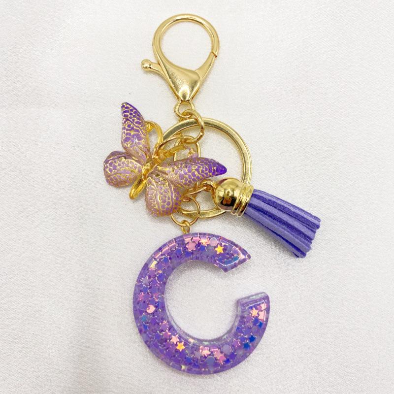 26-Letter Alphabet Resin Keychain with Star Sequins & Tassel Charm