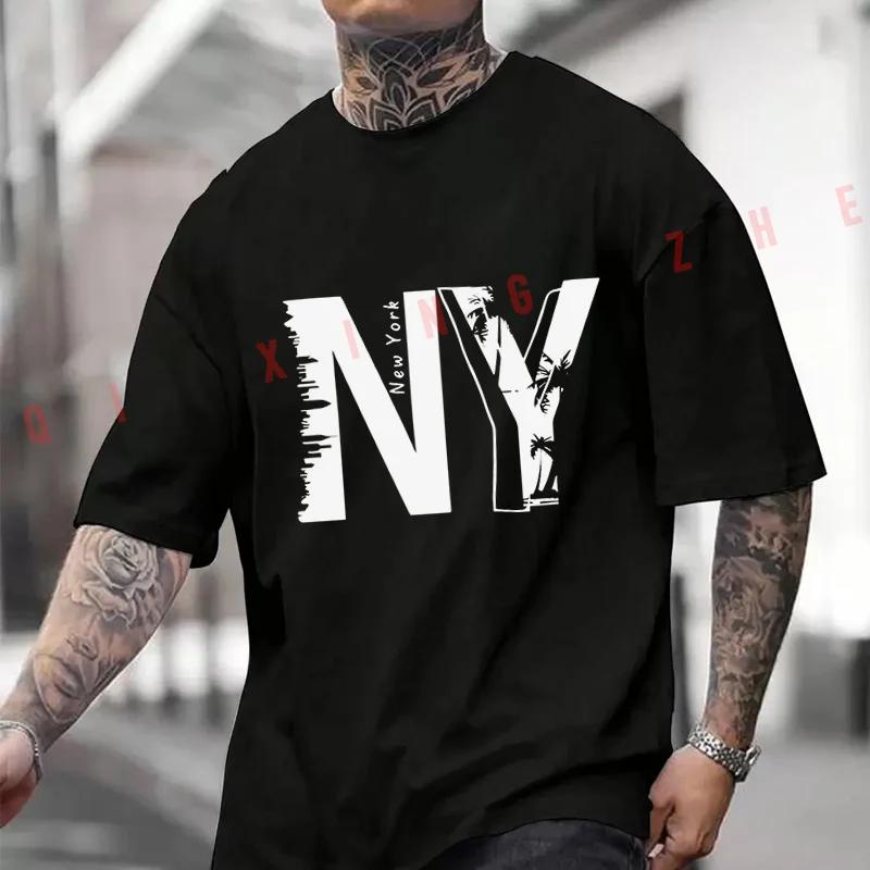 Men T-Shirt NY Graphic - Black Tee With White NY Letters Motorcycle Cotton Men‘s T-Shirt O-neck Short Sleeve Tops Tee