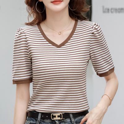 2024 Summer New Korean Version V-neck Striped Short-sleeved T-shirt Women's Puff-sleeved Half-sleeved Shirt Top
