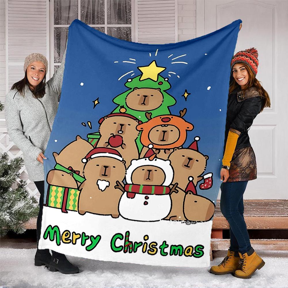 1pc Christmas Capybara Throw Blanket Polyester Fiber, Lightweight Flannel, Soft & Warm, All Season Use for Outdoor, Camping Digital Print