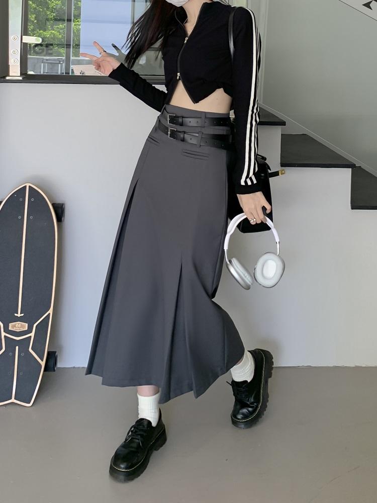 Vintage Belt Long Skirt Women Autumn 90s Aesthetic Streetwear Y2k High Waist Slim A-line Pleated Skirt Korean Style