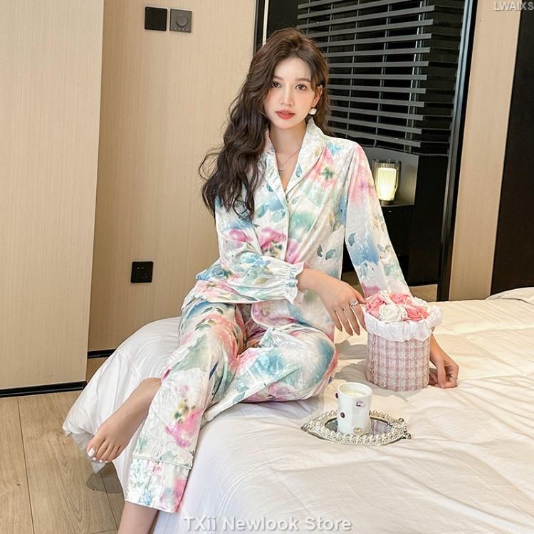 

Цветочный узор на лацканах из золотого бархата, домашняя одежда, осенняя свободная пижама, женская длинная одежда и брюки, напечатанный костюм XL