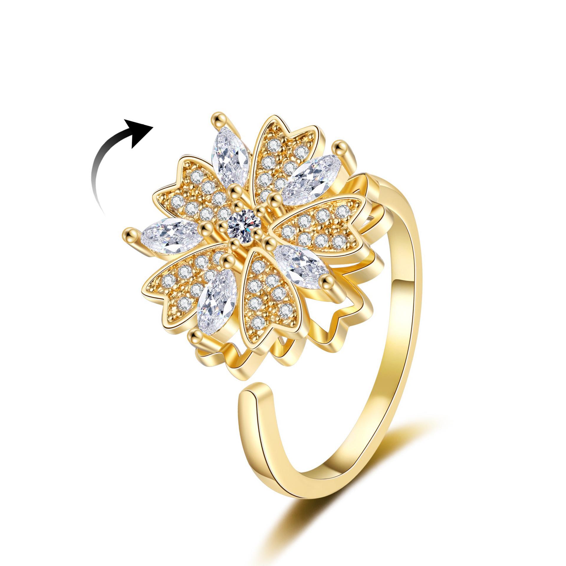 2026 Flower Rotating Ring Women s Zircon Tide Temperament Versatile Full Diamond Clover Turnable Ring Resizable