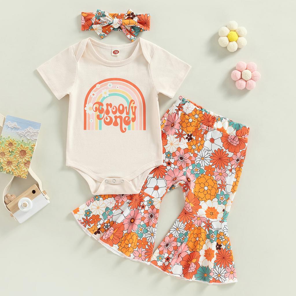 Seturi de ținute casual de vară pentru bebeluși, fete, salopetă albă cu mânecă scurtă, imprimeu cu litere, pantaloni evazați cu imprimeu floral, bandă de susținere