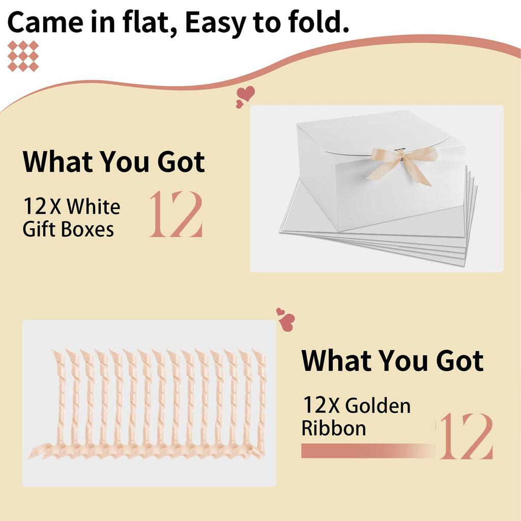 10 Pcs White Gift Boxes With Lids And Gold Bow Ribbons Hard Cardboard Boxes For Bridesmaid Proposal Christmas Halloween