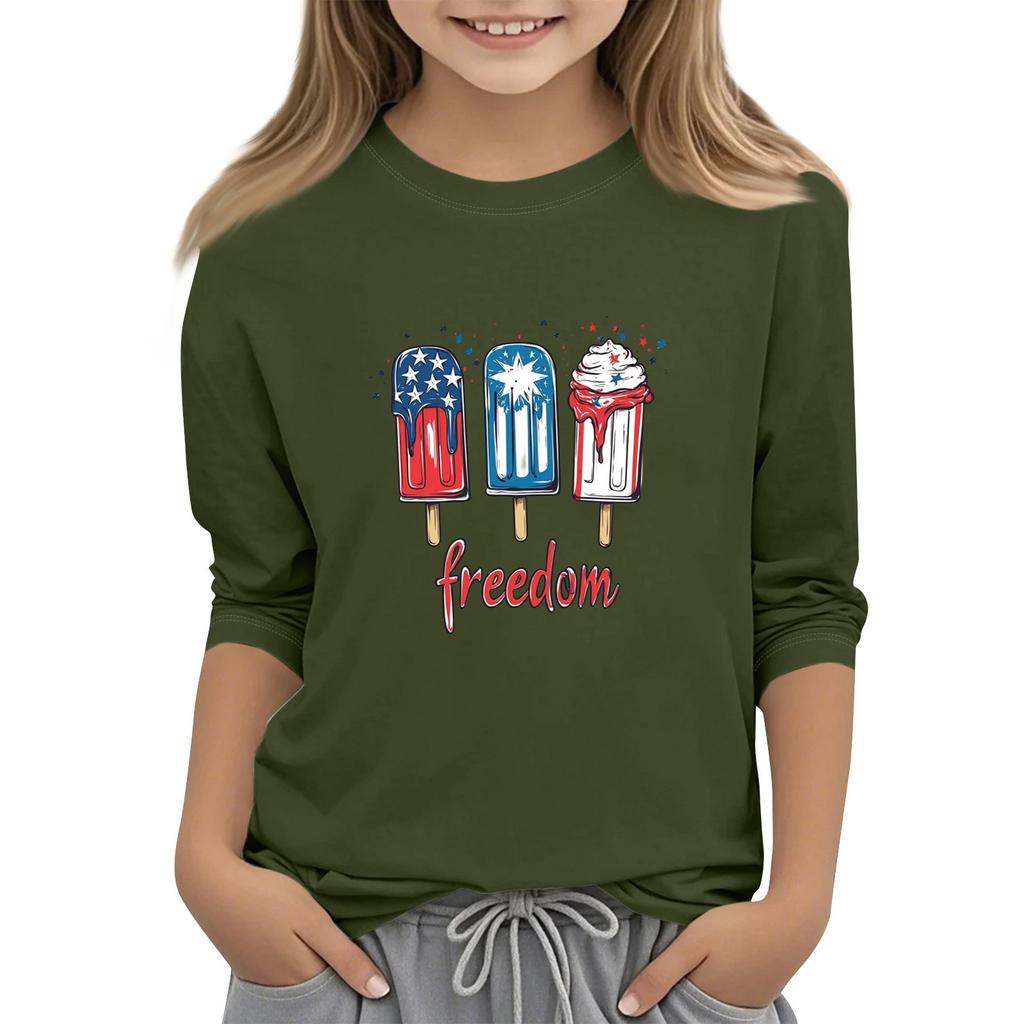 Kinder-T-Shirt mit Rundhalsausschnitt, Dreiviertelärmeln und Dreiviertelärmeln zum Unabhängigkeitstag