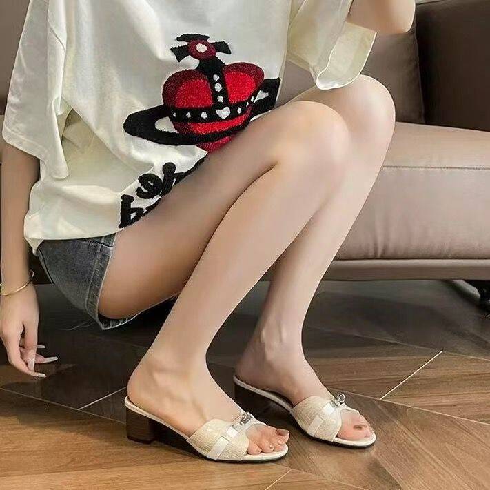 Long-term wear is not tired of thin feet women s sandals summer thick heels high heels sandals one-word square head slippers women s outer wear 42 абрикосовый 2440₽