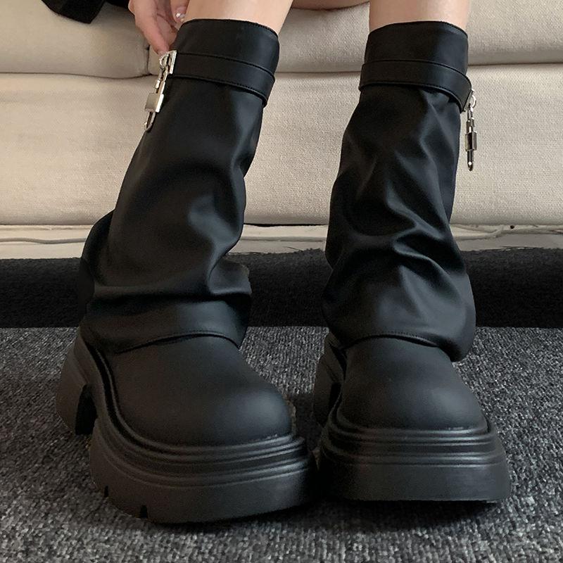 Fashion Platform Leather Round Toe Women's Half High Boots Spring Autumn Trend 2025 Designer Luxury Ladies Mid Calf Shoes On Promotion