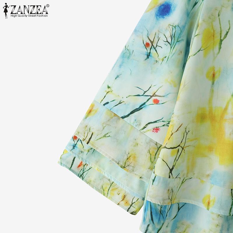 ZANZEA Women Casual Round Neck Loose 3/4 Sleeve Print Blouse
