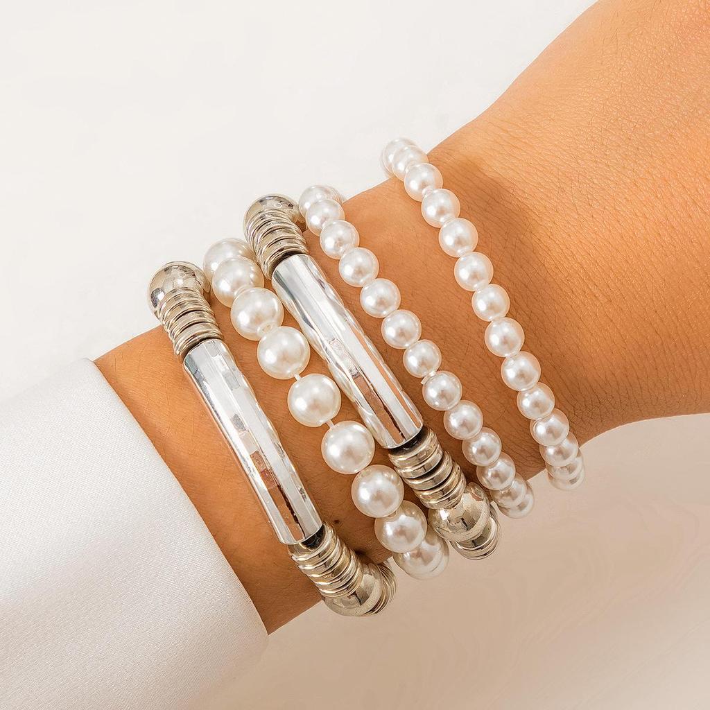Retro Faux Pearl Metallic Bracelet Set: European & American Style, Simple Multi-Piece Beaded Designs
